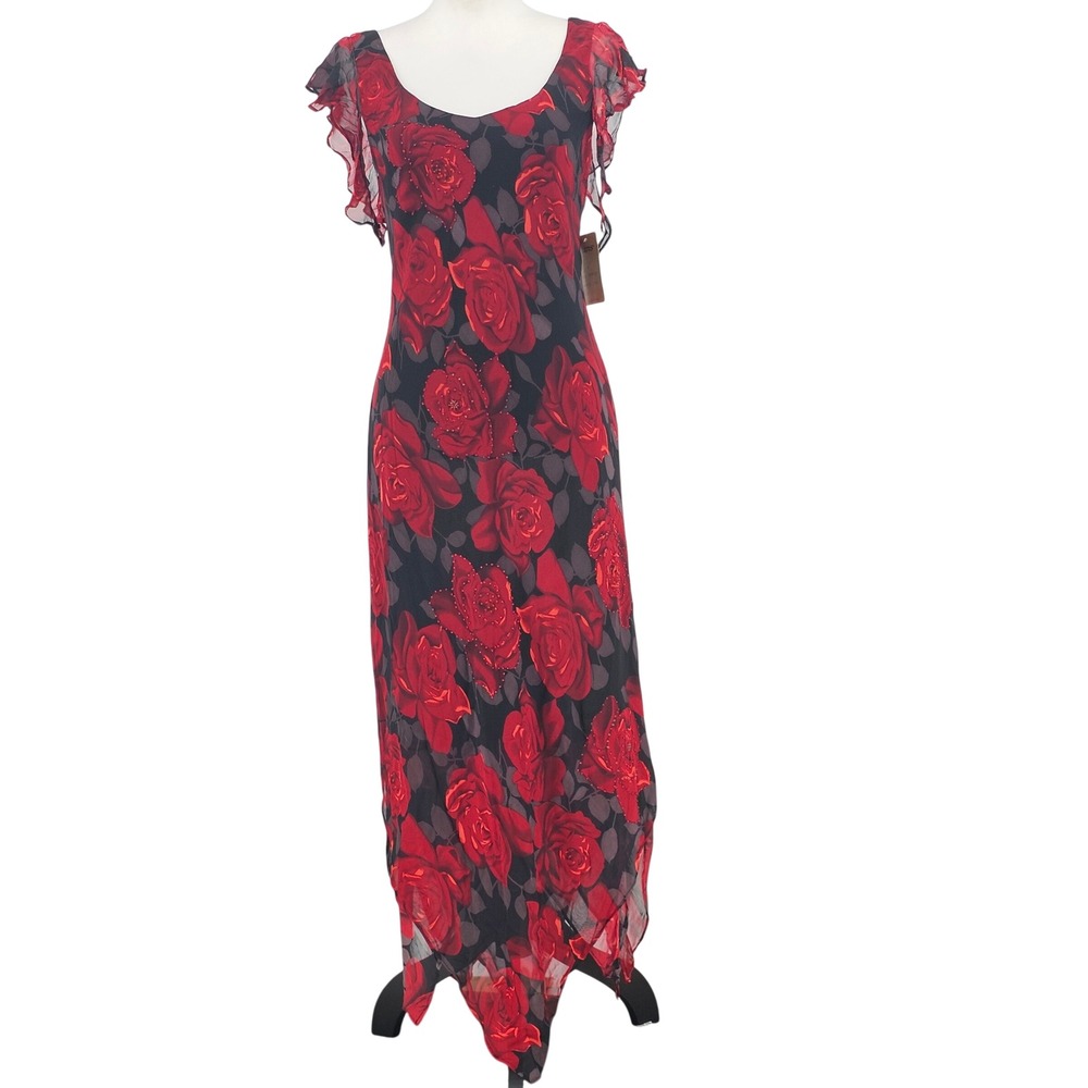 Vintage Lapis Silk Bias Rose Maxi Dress L Black Red Hanky Hem Whimsigoth Y2K NWT - Picture 2 of 16